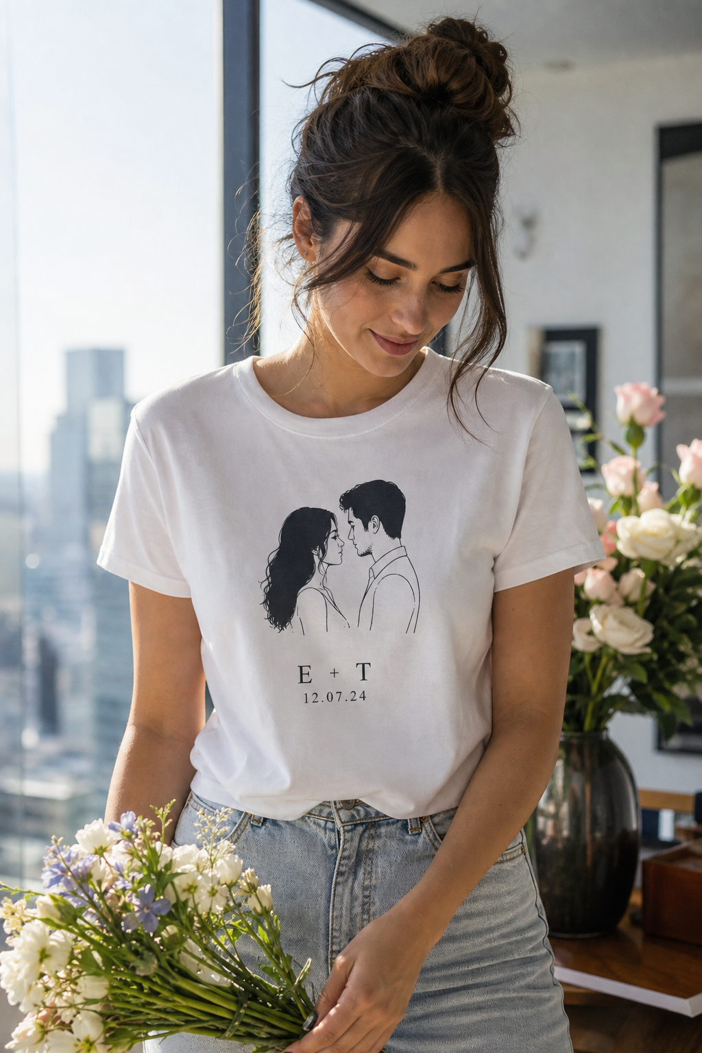 Photo de couple type mariage ou fiançailles pour t-shirts assortis